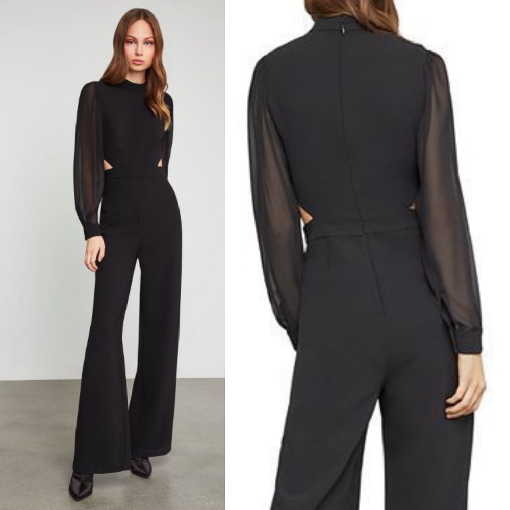 BCBGMAXAZRIA Mixed-Media Cutout Mock‎ Neck Sheer Sleeve Wide Leg Jumpsuit XS